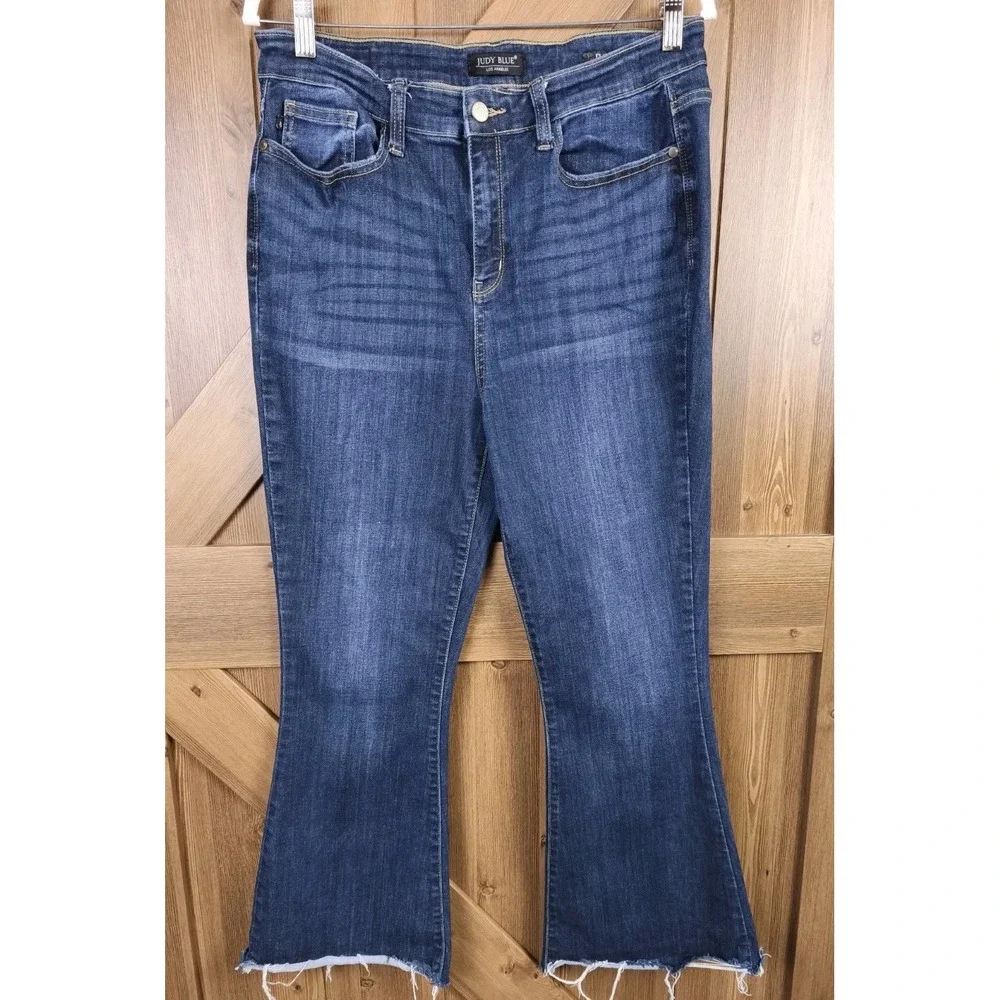 Judy‎ Blue High Waist Raw Hem Flare Leg Jeans Womens 15/32 Medium Wash